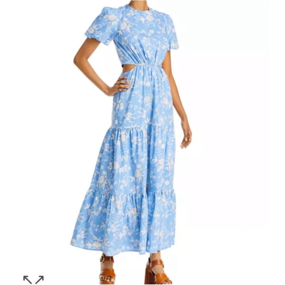 WAYF Plaza Cutout Puff Sleeve Cottagecore Floral Tiered Maxi Dress Blue White Sm